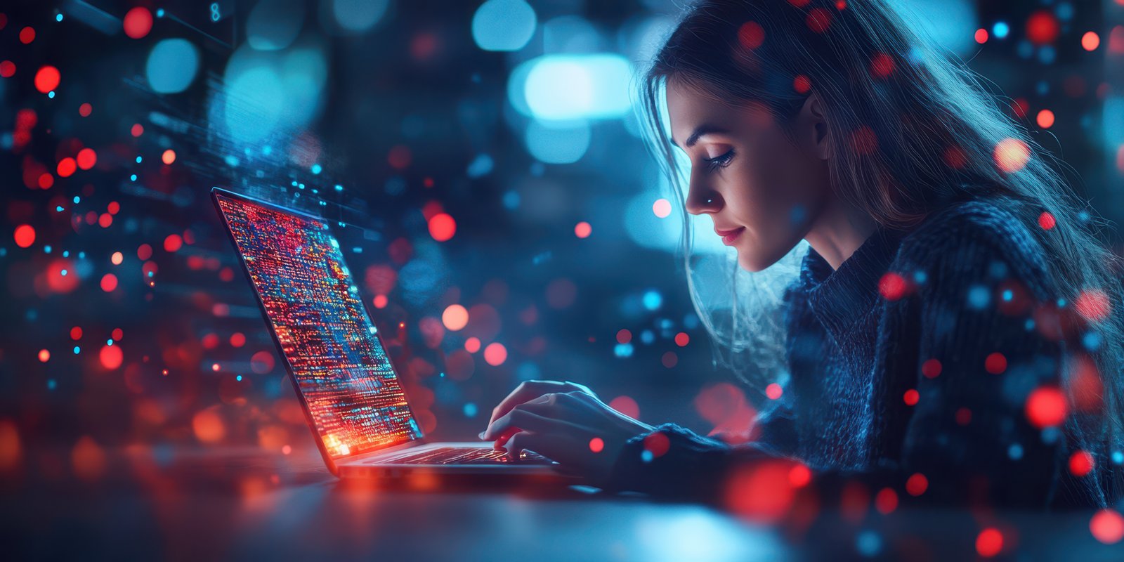 Woman focused on laptop surrounded by vibrant lights during evening hours